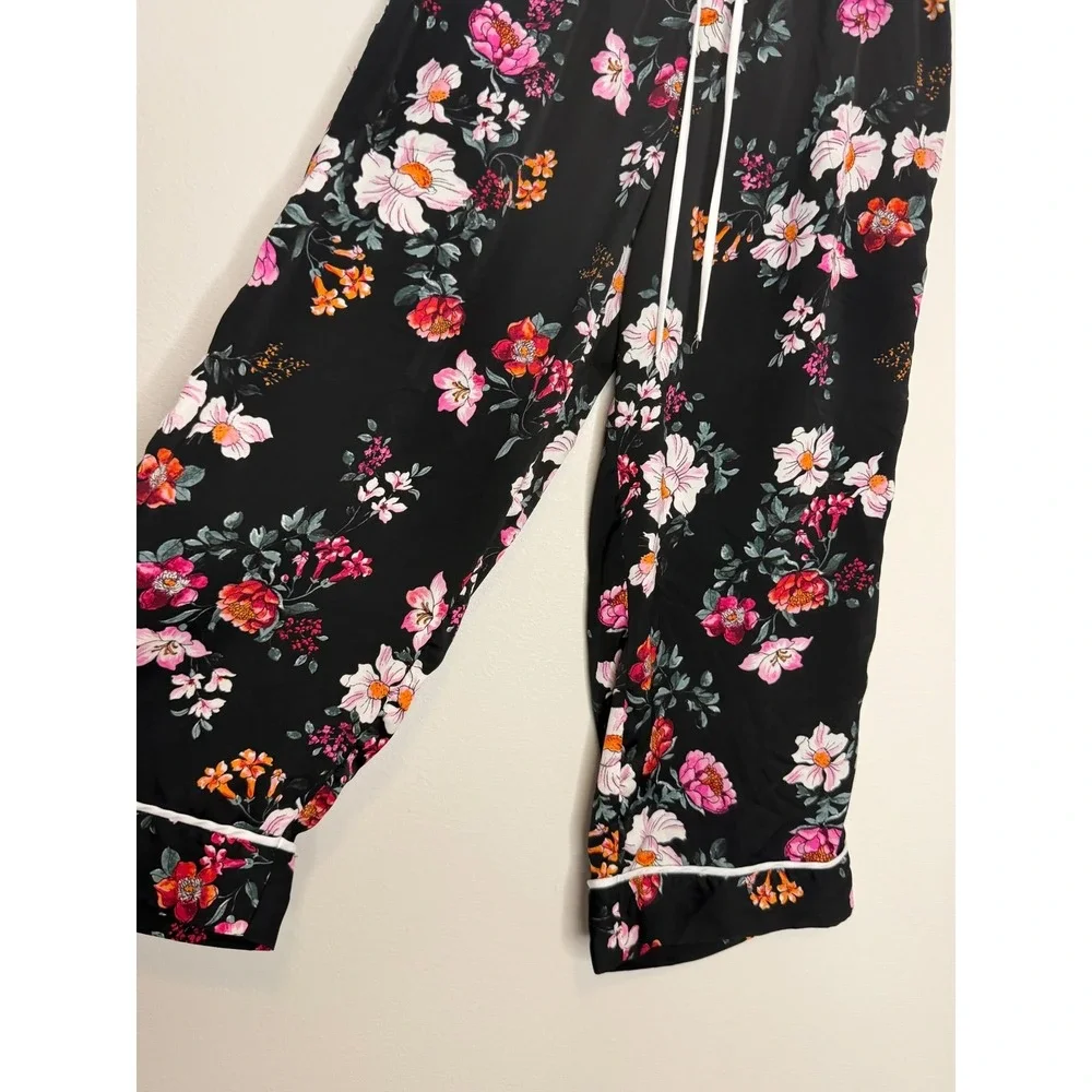 Room Service Womens Floral‎ Pajama Pants Black Satin Cropped Wide Leg XS